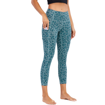 High Waist Workout Non See Through Leopard Printing Fitness Tights Tummy Control Women Yoga Crop Pant Set